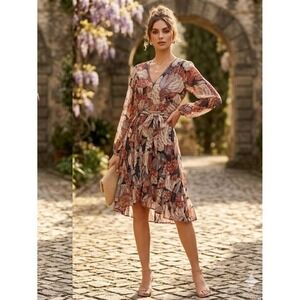 Big Hit Boho Floral Chiffon High-Low Midi Dress Pink Tan Grey Long Sleeve Medium